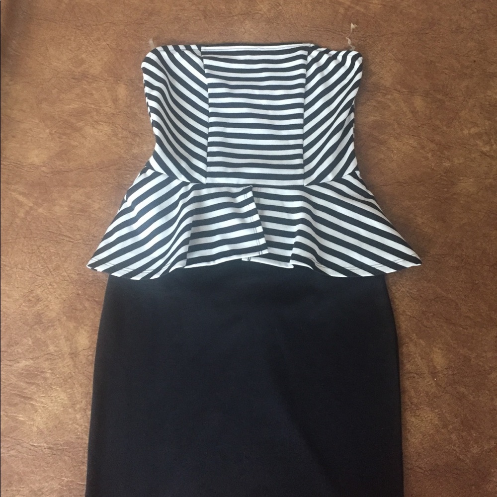 Striped black strapless dress